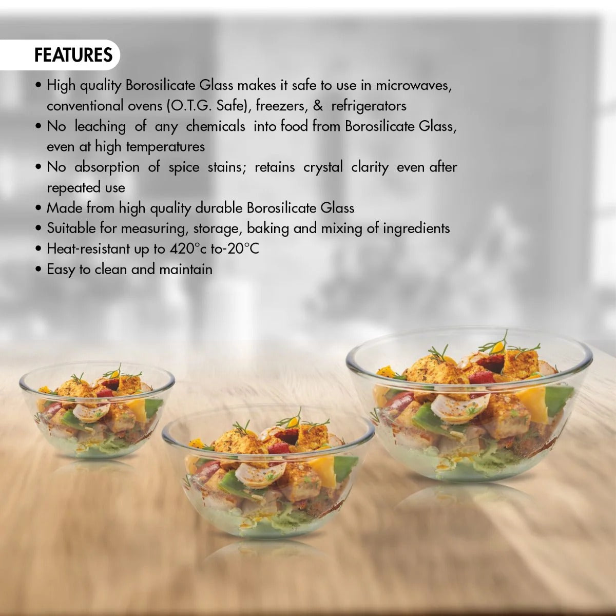 Borosilicate Glass Mixing Bowl Combo Set of 3 Without Lid (1500 ml + 1000 ml + 500 ml)
