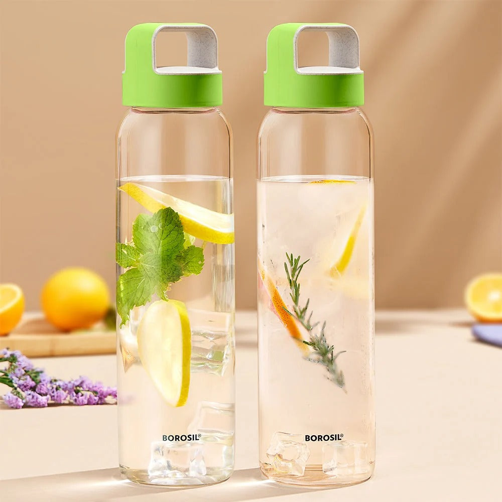 Glass Water Bottle with Husk Green Lid 1L Set of 2 Bundle