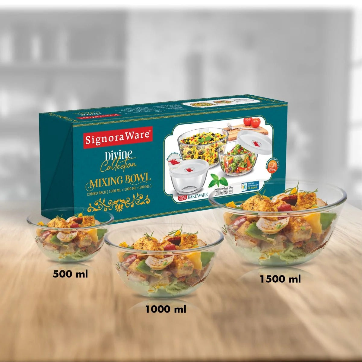 Borosilicate Glass Mixing Bowl Combo Set of 3 Without Lid (1500 ml + 1000 ml + 500 ml)