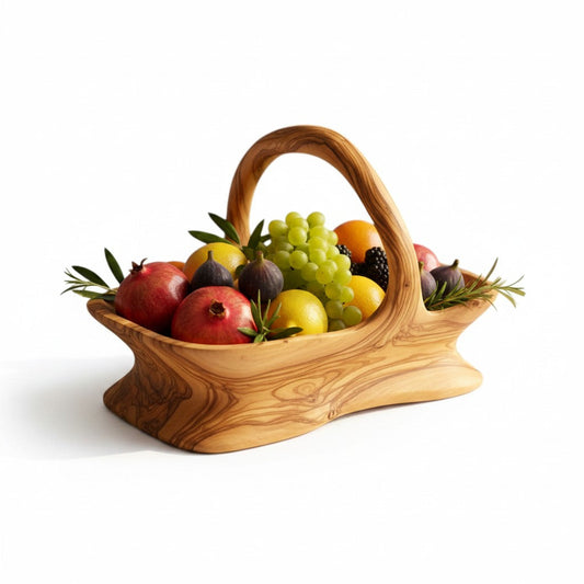 Handcrafted Olive Wood Fruit Basket with Handle | Rustic Wood Bread Basket & Table Centerpiece | Organic Home Decor
