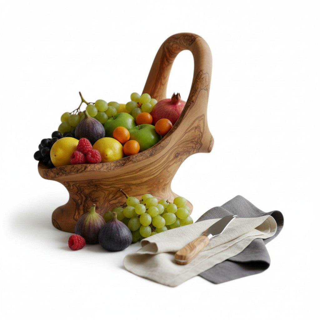 Handcrafted Olive Wood Pedestal Fruit Bowl, 36×20×35 cm