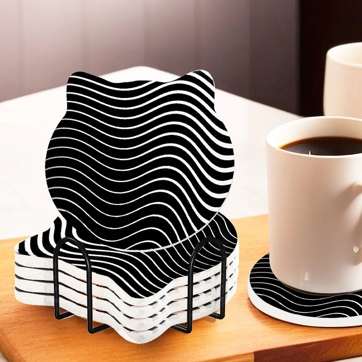 Unique Tea Coaster Set of 6 10 cm 9 mm Thick Black White Non Slip Mat Housewarming Gift