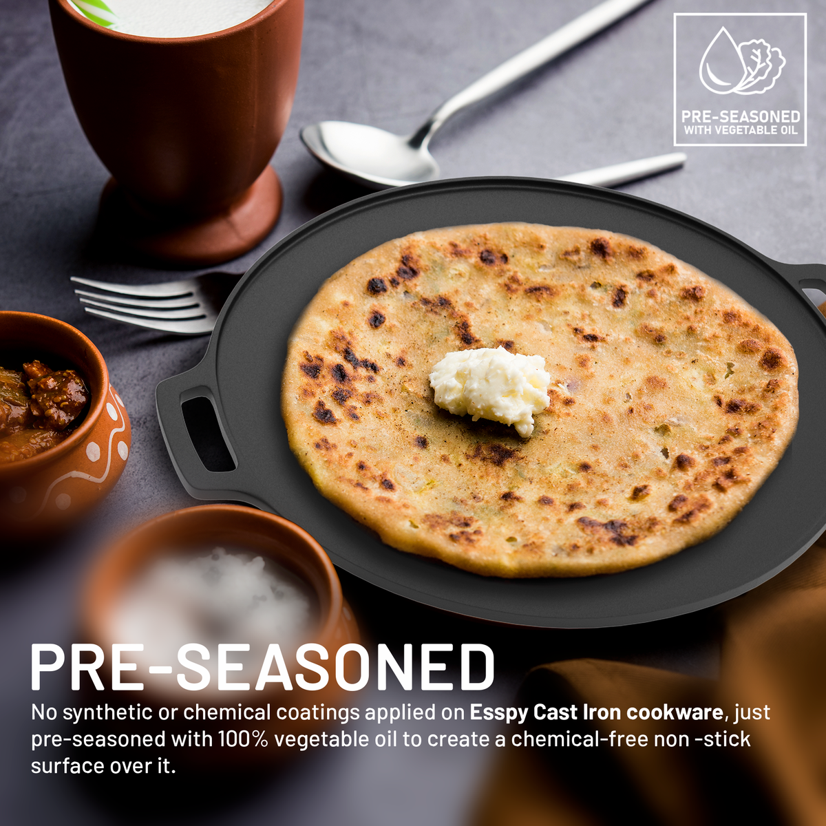 Esspy 12 inch/30 cm Cast Iron Tawa for Dosa, Tawa for Dosa, Uthappam, Roti, Chapati, Naan, Gas-Induction Friendly, Dosa