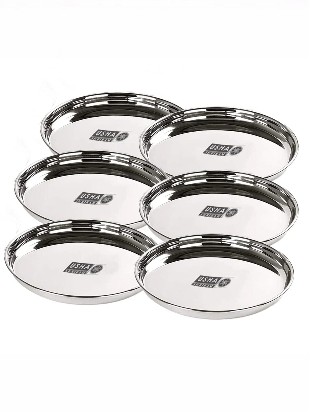 Stainless Steel Plate Set 29 cm 6pcs Heavy Gauge Deep Base Glossy Finish Durable Stackable