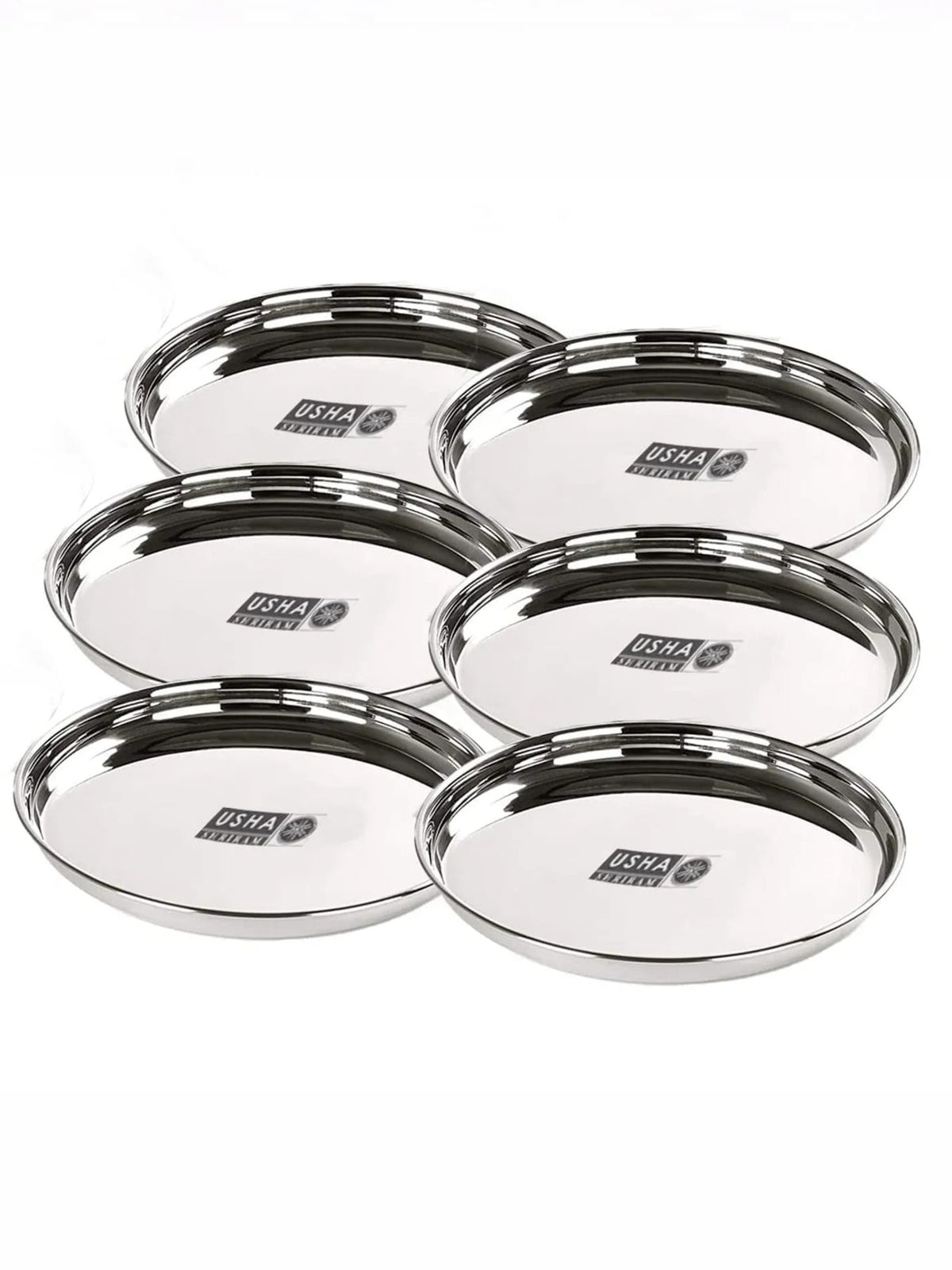 Stainless Steel Plate Set 29 cm 6pcs Heavy Gauge Deep Base Glossy Finish Durable Stackable