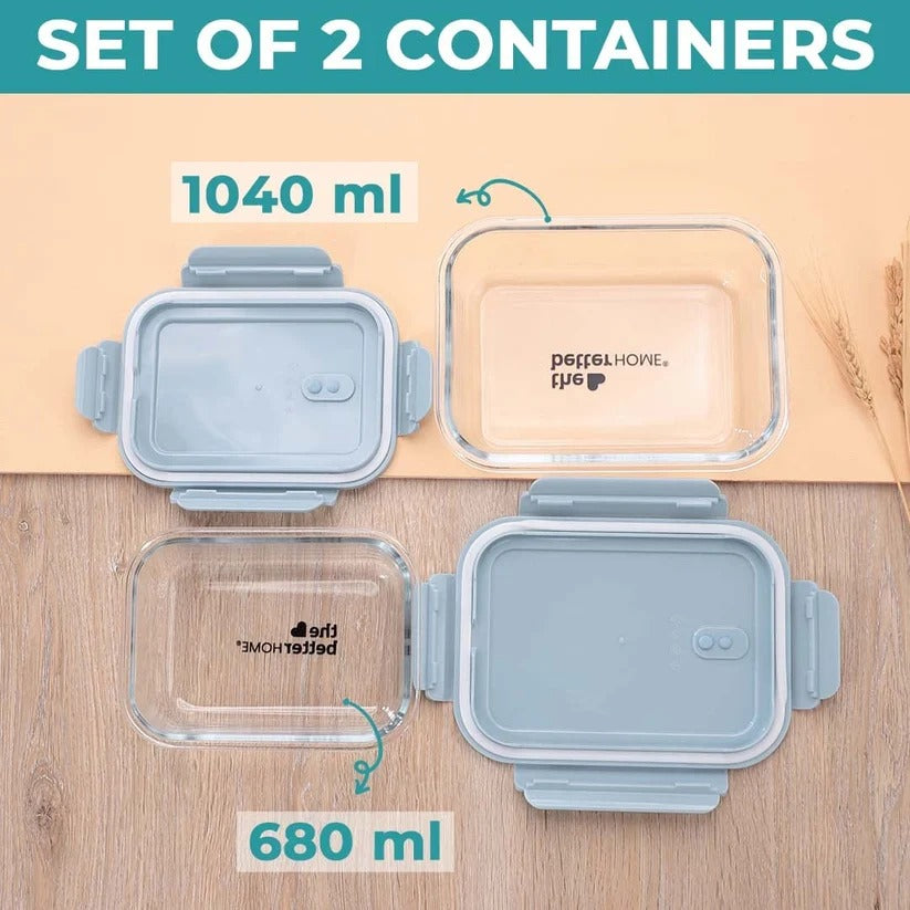 Borosilicate Glass Lunch Box Set of 2, 680 ml & 1040 ml, Microwave Safe, Airtight