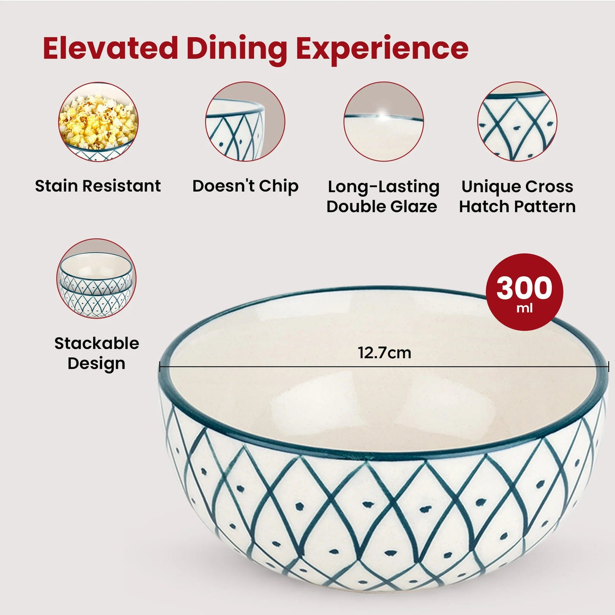 Ceramic Bowl for Snack Dinner 2pcs Design 2 Microwave Refrigerator Safe Scratch Resistant