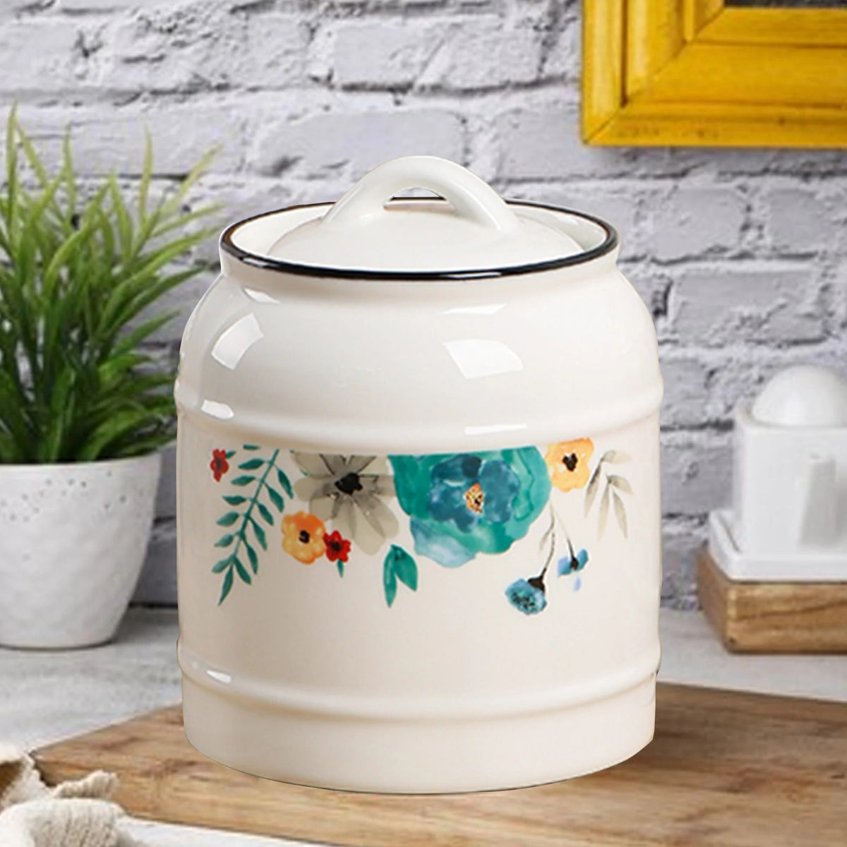 Ceramic Jar 1400 ml with Lid, Airtight, White Printed, Kitchen Storage