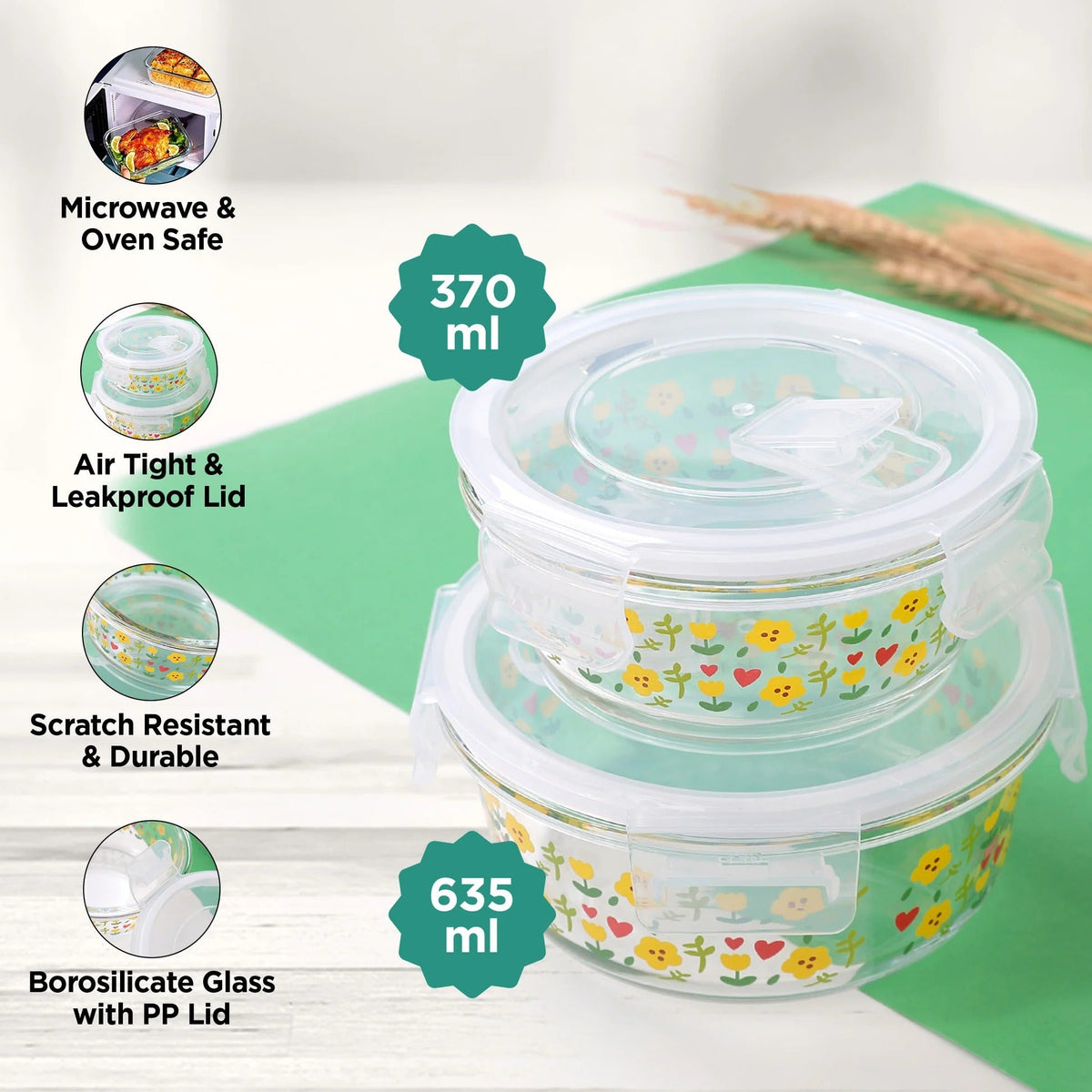 Pack of 2 Borosilicate Kitchen Containers, 370 ml & 635 ml, Airvent PP Lid, Airtight