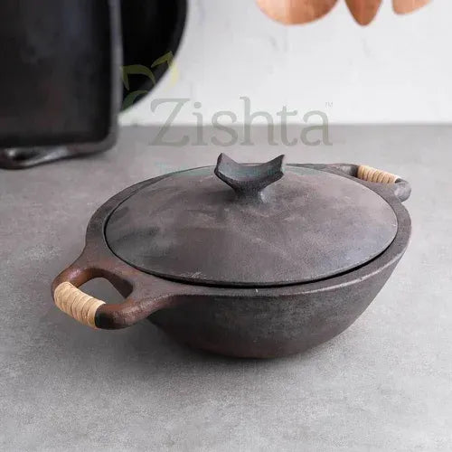 Kadai Manipur Longpi Black Pottery with Wooden Handles