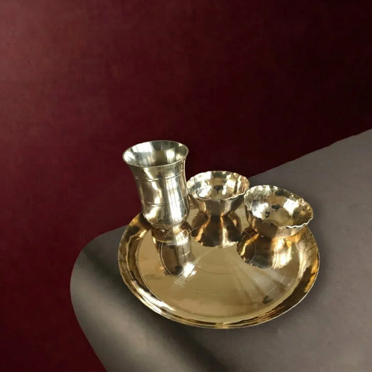 Kansa Bronze Dinner Set Thali Plate 2 Katori Tumbler Spoon 5 Piece