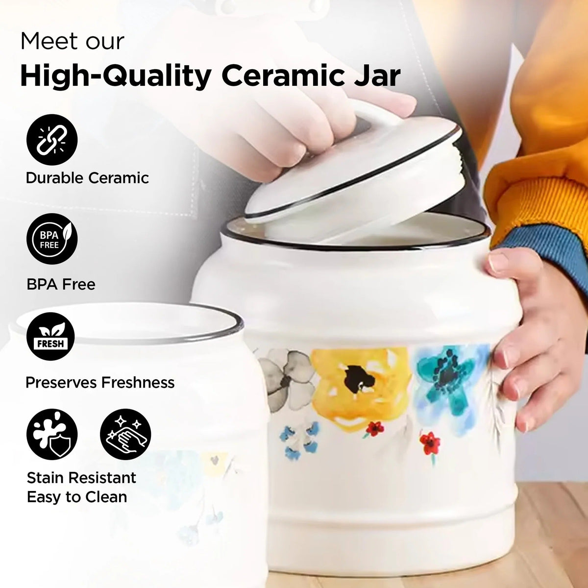 Ceramic Jar 1400 ml with Lid, Airtight, White Printed, Kitchen Storage
