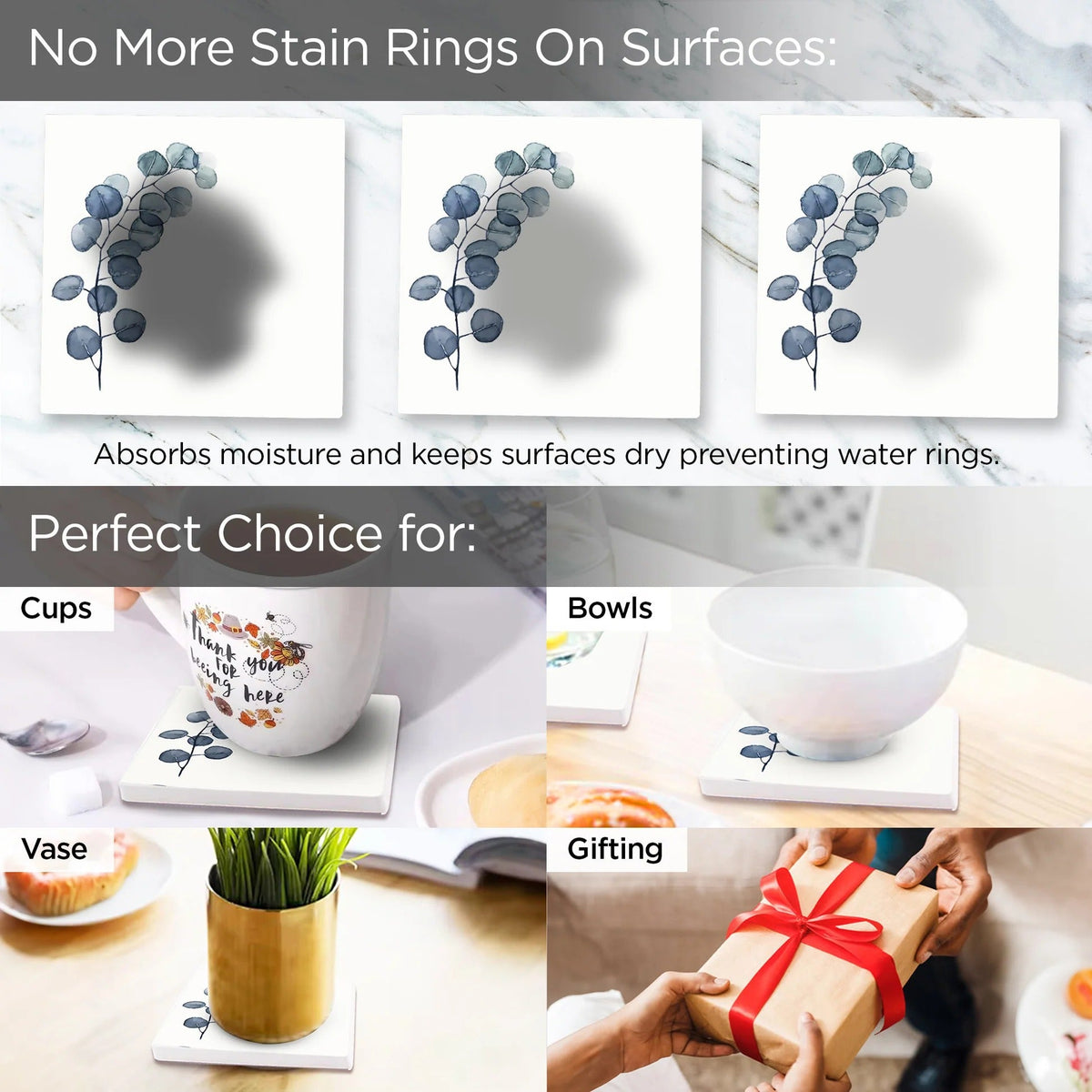 Diatomite Coasters Set of 6 with Holder 10 cm 8 mm Thick White Dining Table Absorbent