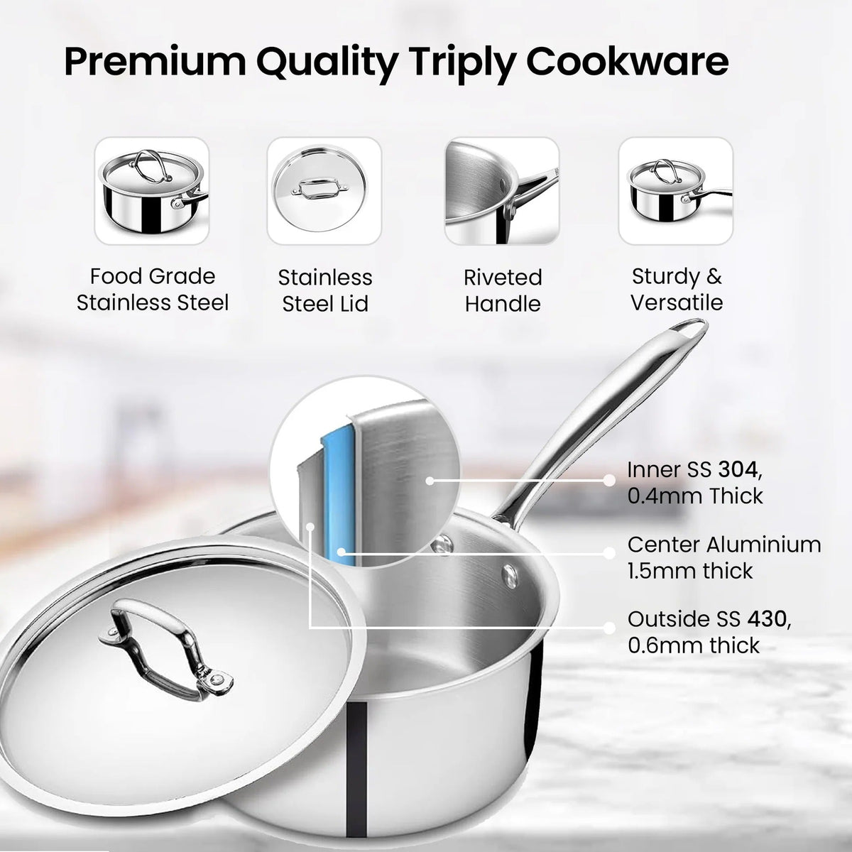 Triply Stainless Steel Sauce Pan with Lid 18 cm 2.2L Induction Easy Grip Handles