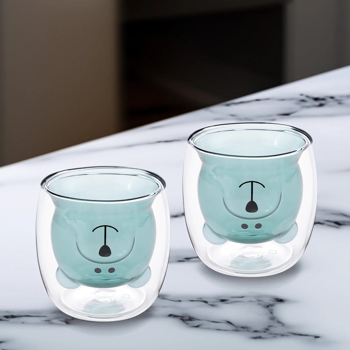 Pack of 2: Blue Teddy Bear Double Walled Borosilicate Glass Mugs, 250 ml, Blue