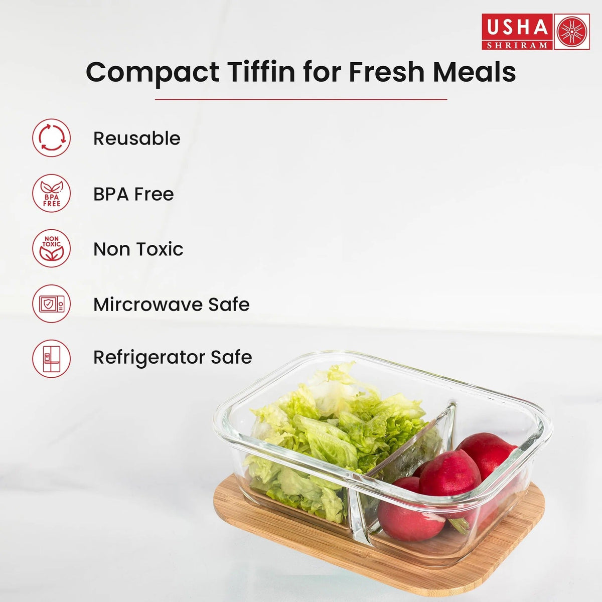 Borosilicate Glass Tiffin Box 980 ml, Bamboo Lid, Leak-Proof, Glass Lunch Box