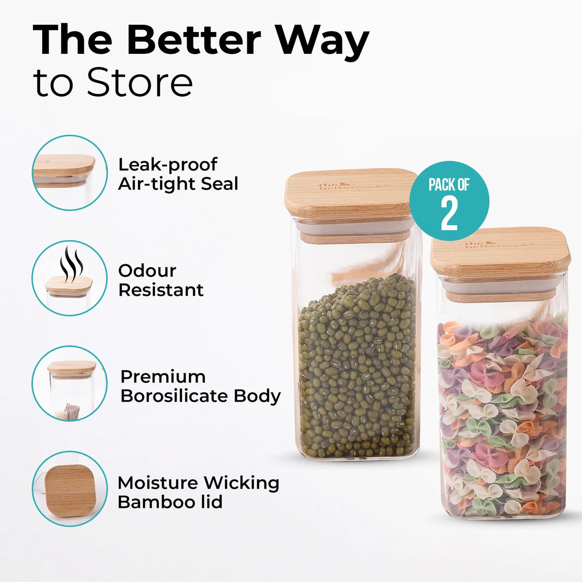 Borosilicate Rectangular Glass Jar, 2pcs 300 ml each, Airtight, Kitchen Storage