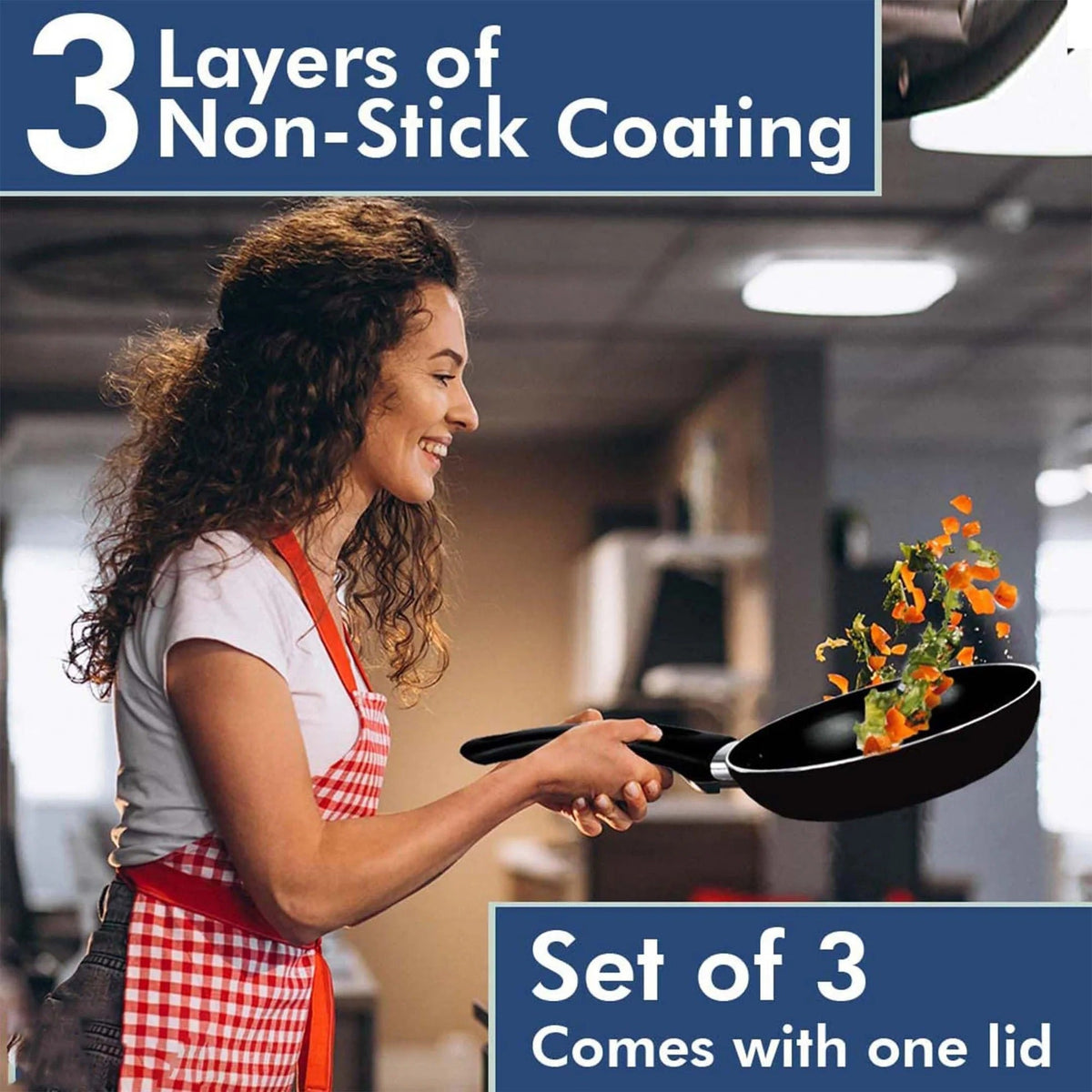Non-Stick Cookware Set with Lid 3 Pieces Black Stove Induction