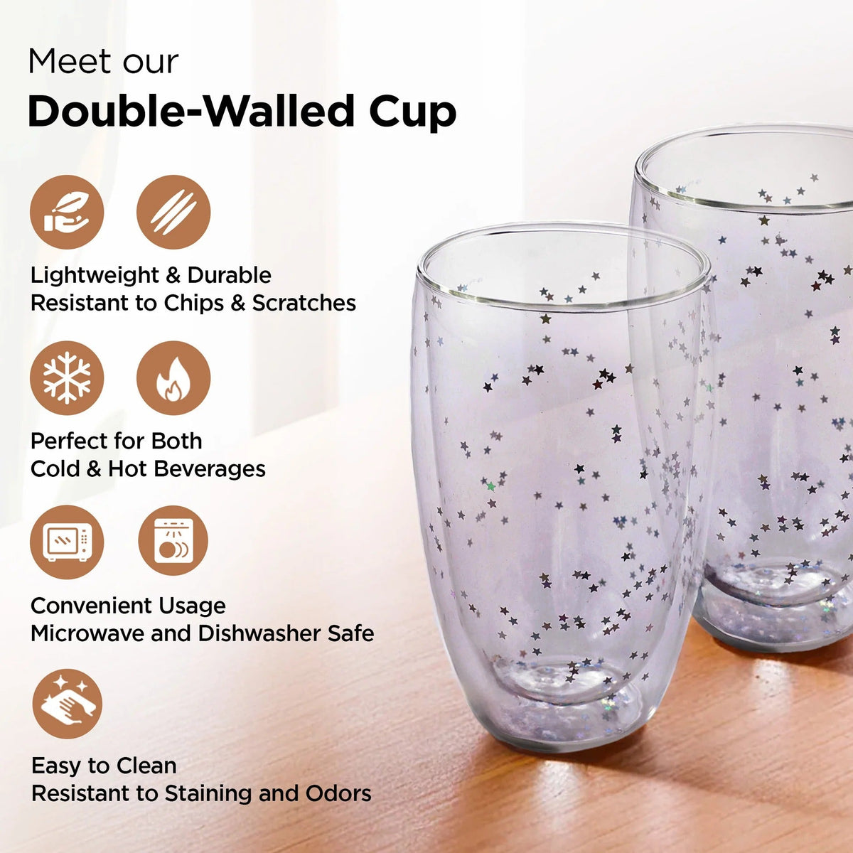 Double Wall Borosilicate Glass Coffee Mugs Set of 2 (450 ml), Starry Design, Transparent