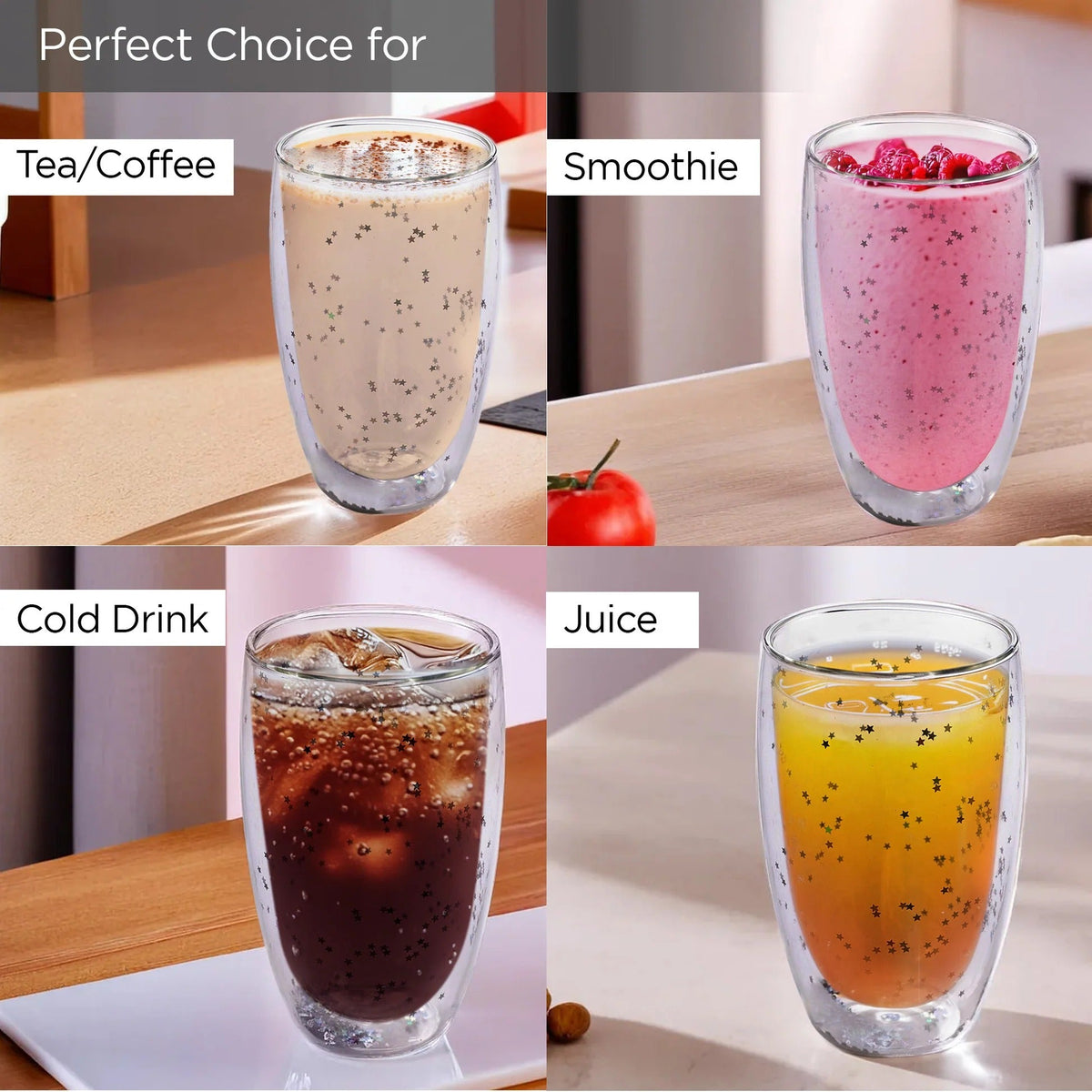 Double Wall Borosilicate Glass Coffee Mugs Set of 2 (450 ml), Starry Design, Transparent