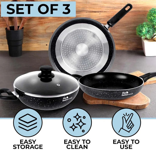 3 Piece Non-Stick Induction Cookware Set 4-Layered Granite Finish Black