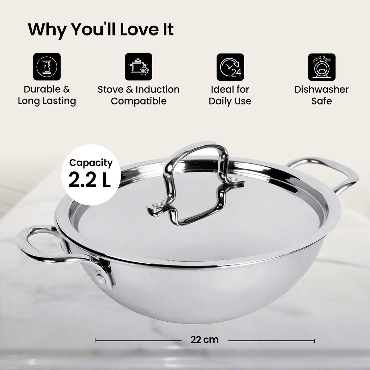 Triply Stainless Steel Sauce Pan with Lid 18 cm 2.2L Induction Easy Grip Handles