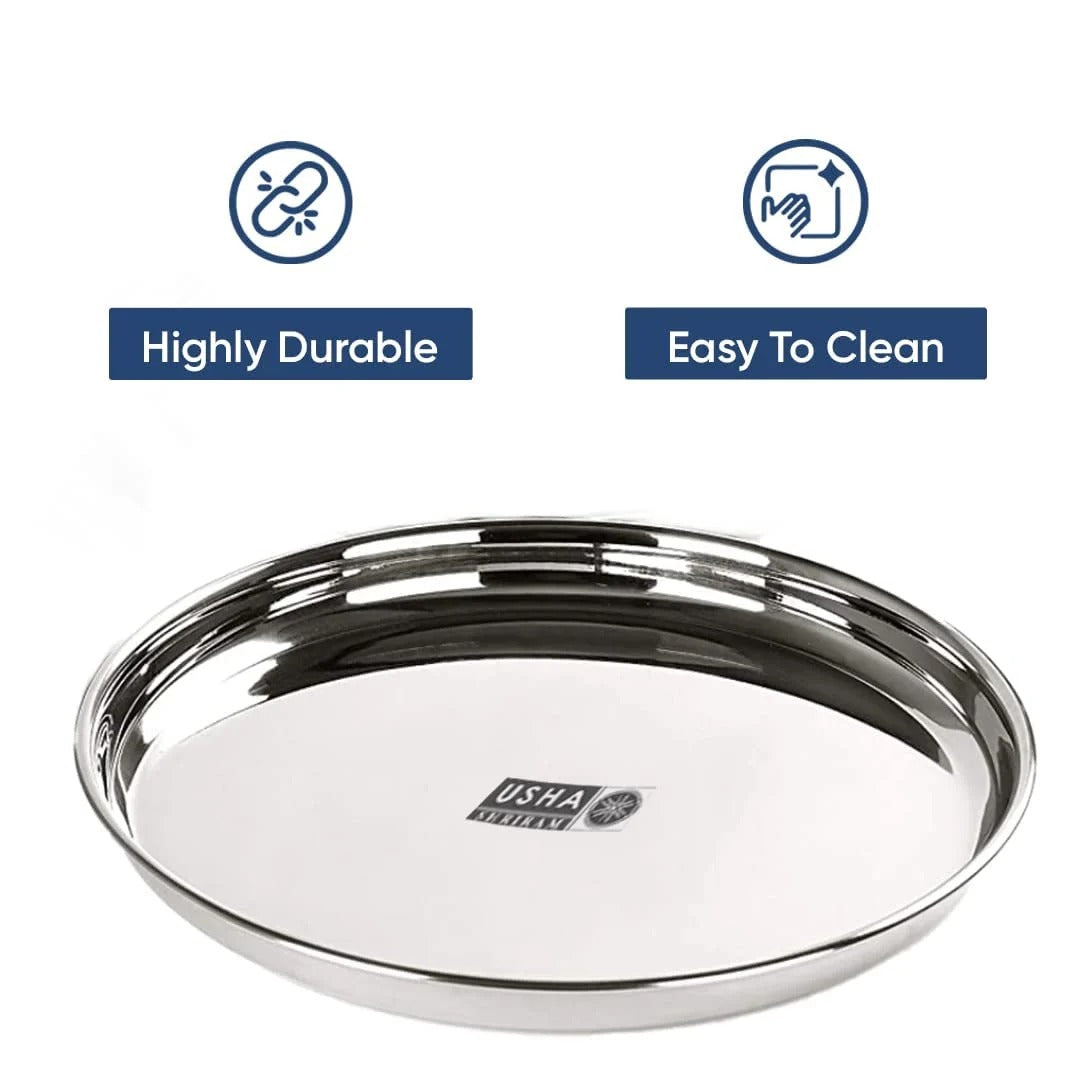 Stainless Steel Plate Set 29 cm 6pcs Heavy Gauge Deep Base Glossy Finish Durable Stackable