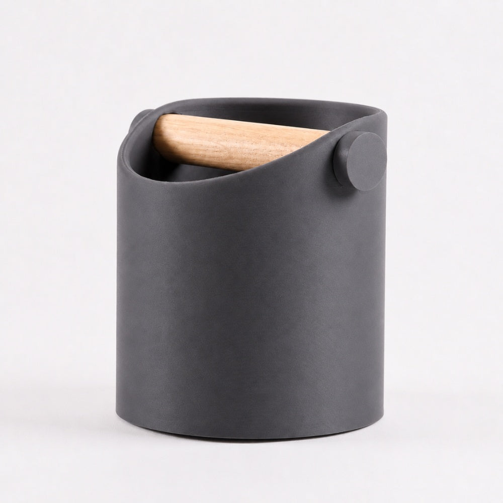 Minimalist Espresso Knock Box with Oak Bar Matte Charcoal