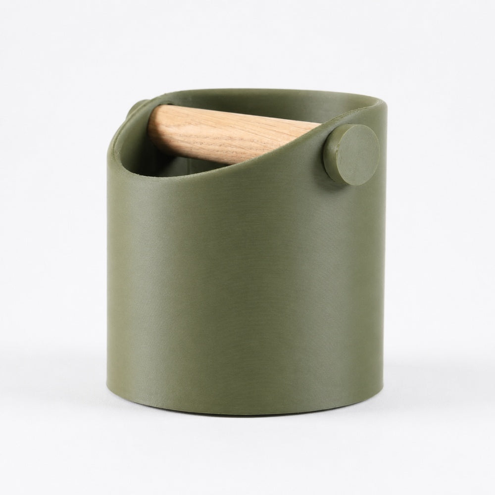 Minimalist Espresso Knock Box with Oak Bar Matte Olive Green