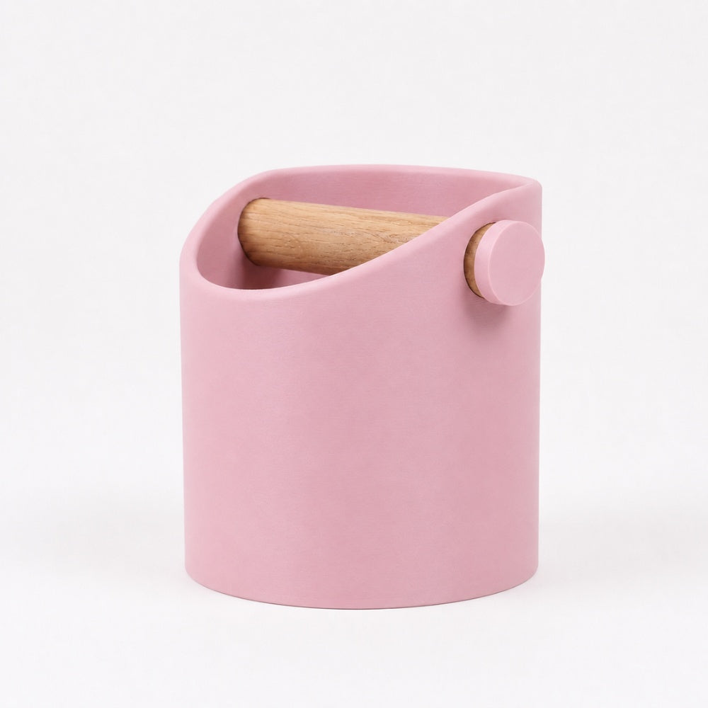 Minimalist Espresso Knock Box with Oak Bar Matte Sakura Pink