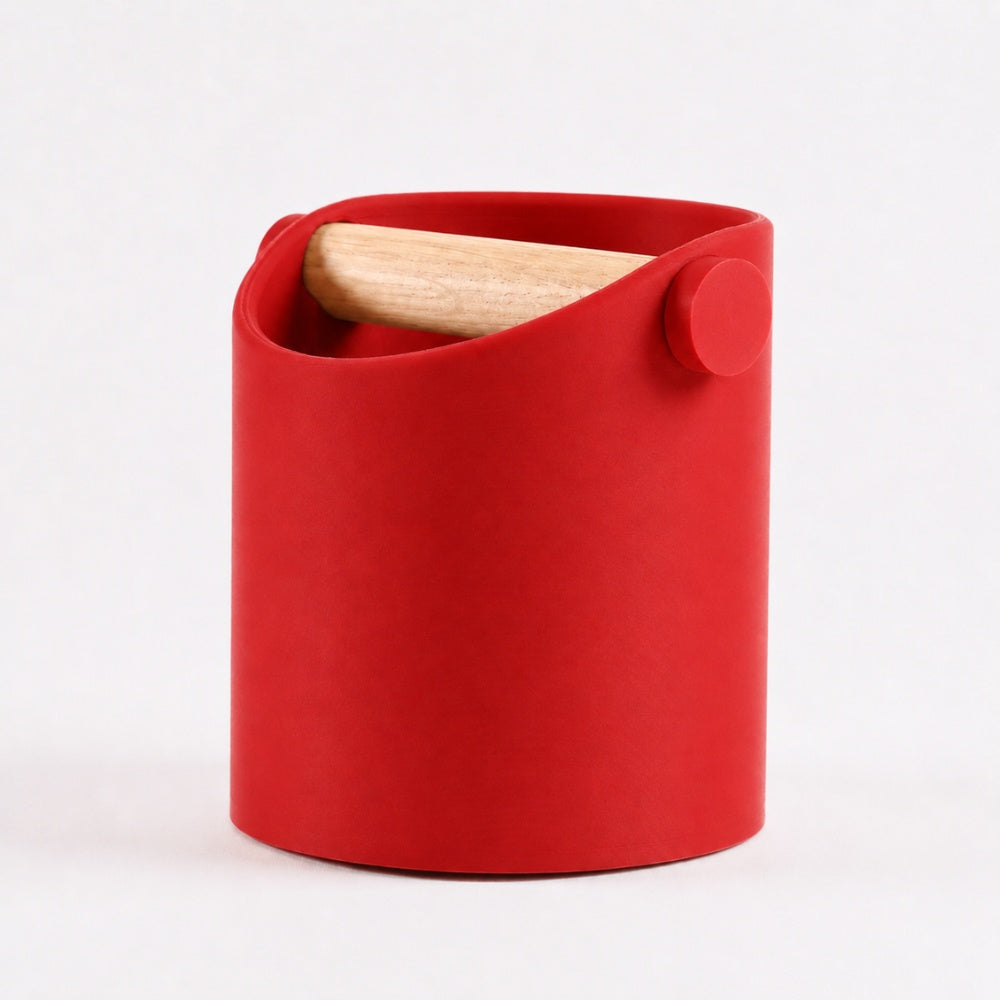 Minimalist Espresso Knock Box with Oak Bar Matte Scarlet Red
