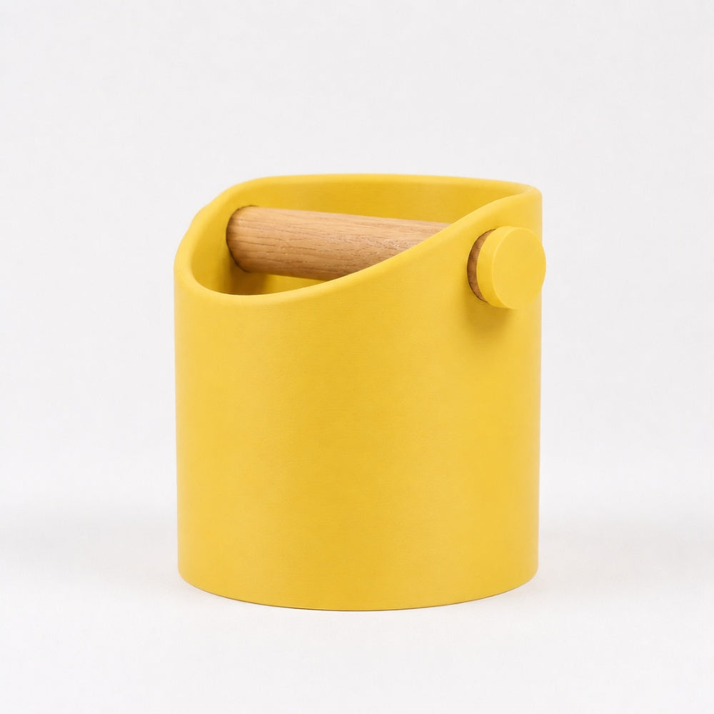 Minimalist Espresso Knock Box with Oak Bar Matte Lemon Yellow