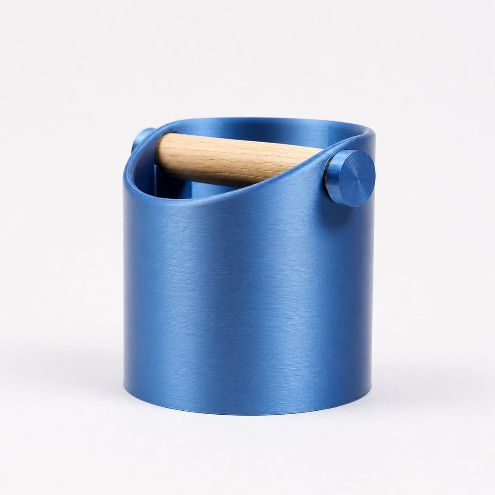 Minimalist Espresso Knock Box with Oak Bar Metallic Blue