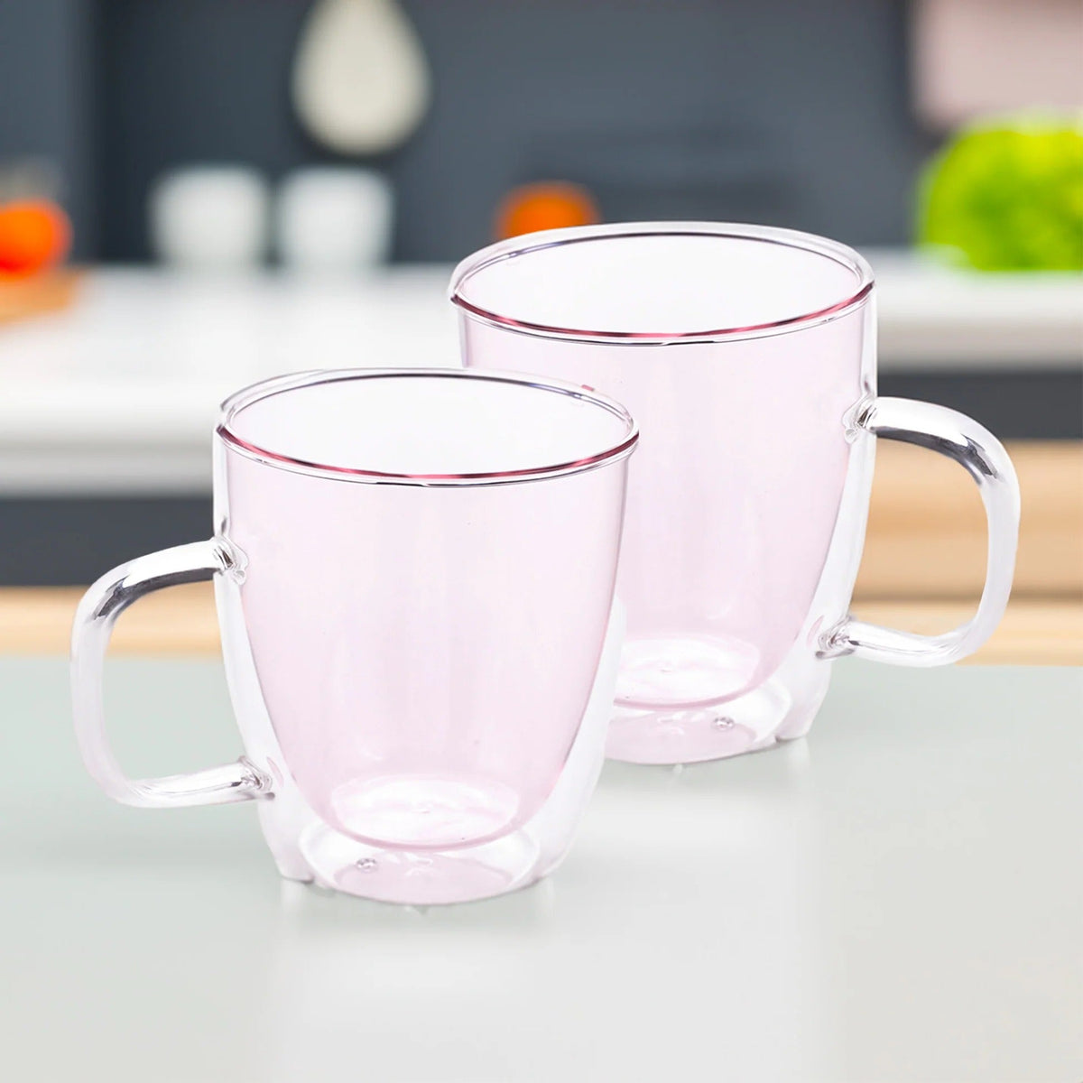 Double Walled Glass Coffee Mug Set of 2 (400 ml), Pink