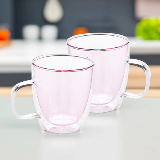 Double Walled Glass Coffee Mug Set of 2 (400 ml), Pink