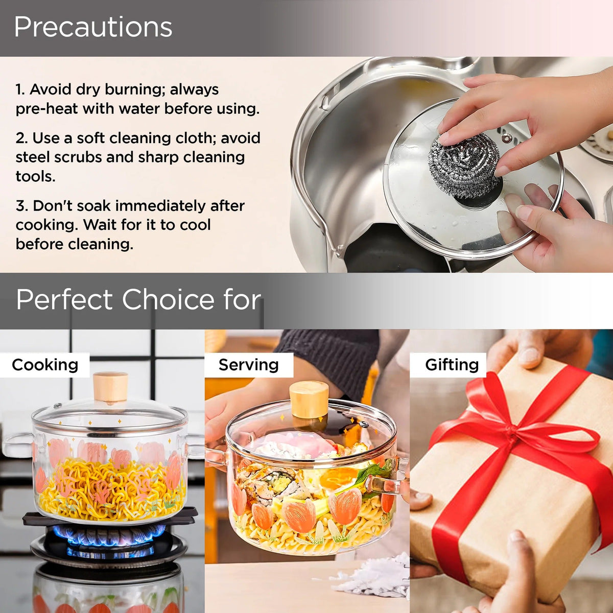 Borosilicate Glass Saucepan 1.45L with Lid Handle Gas Stove Microwave Safe Red Green