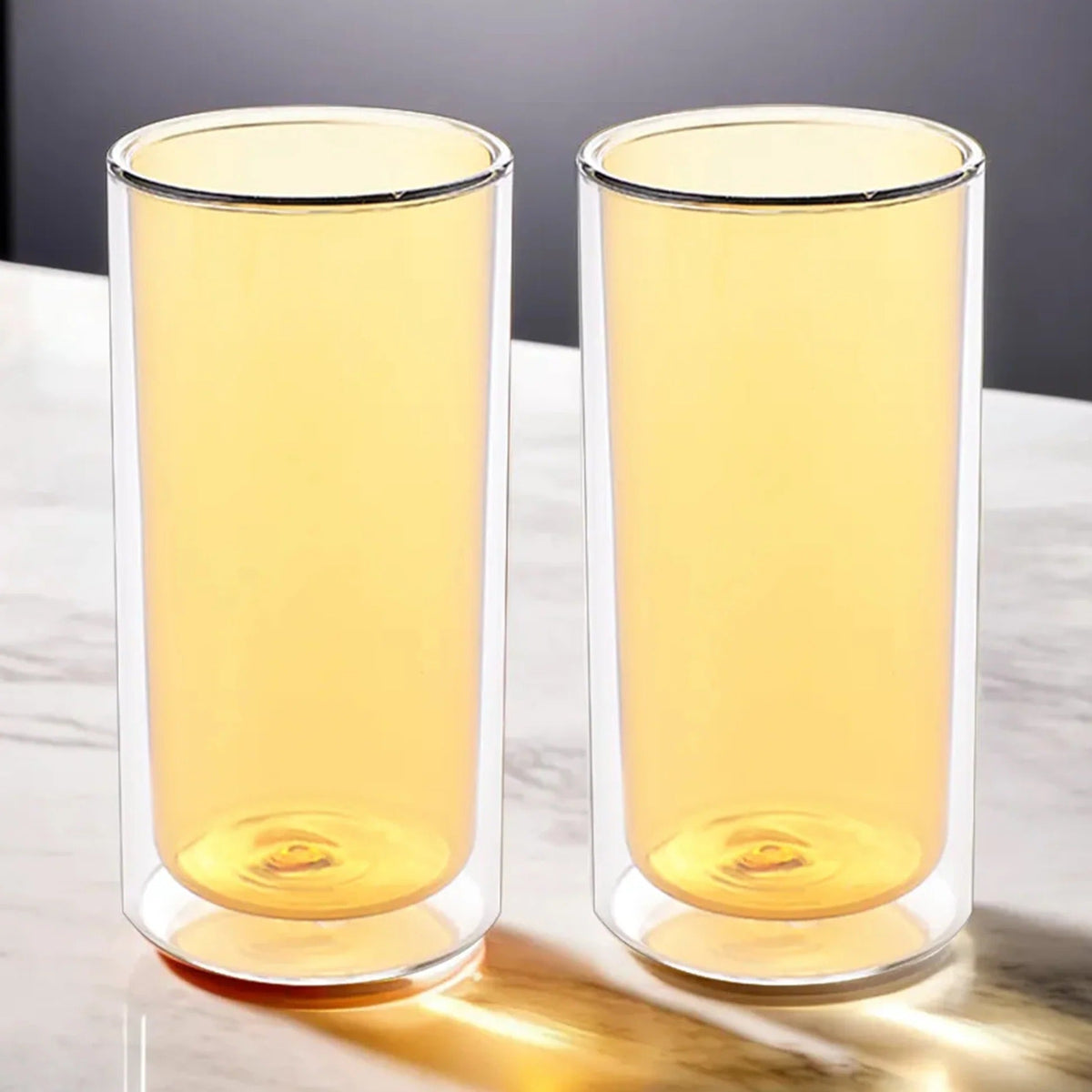 Pack of 2: Double Wall Borosilicate Glass Coffee Mugs, 250 ml, Yellow