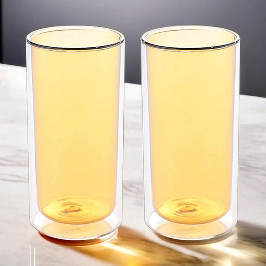Pack of 2: Double Wall Borosilicate Glass Coffee Mugs, 250 ml, Yellow