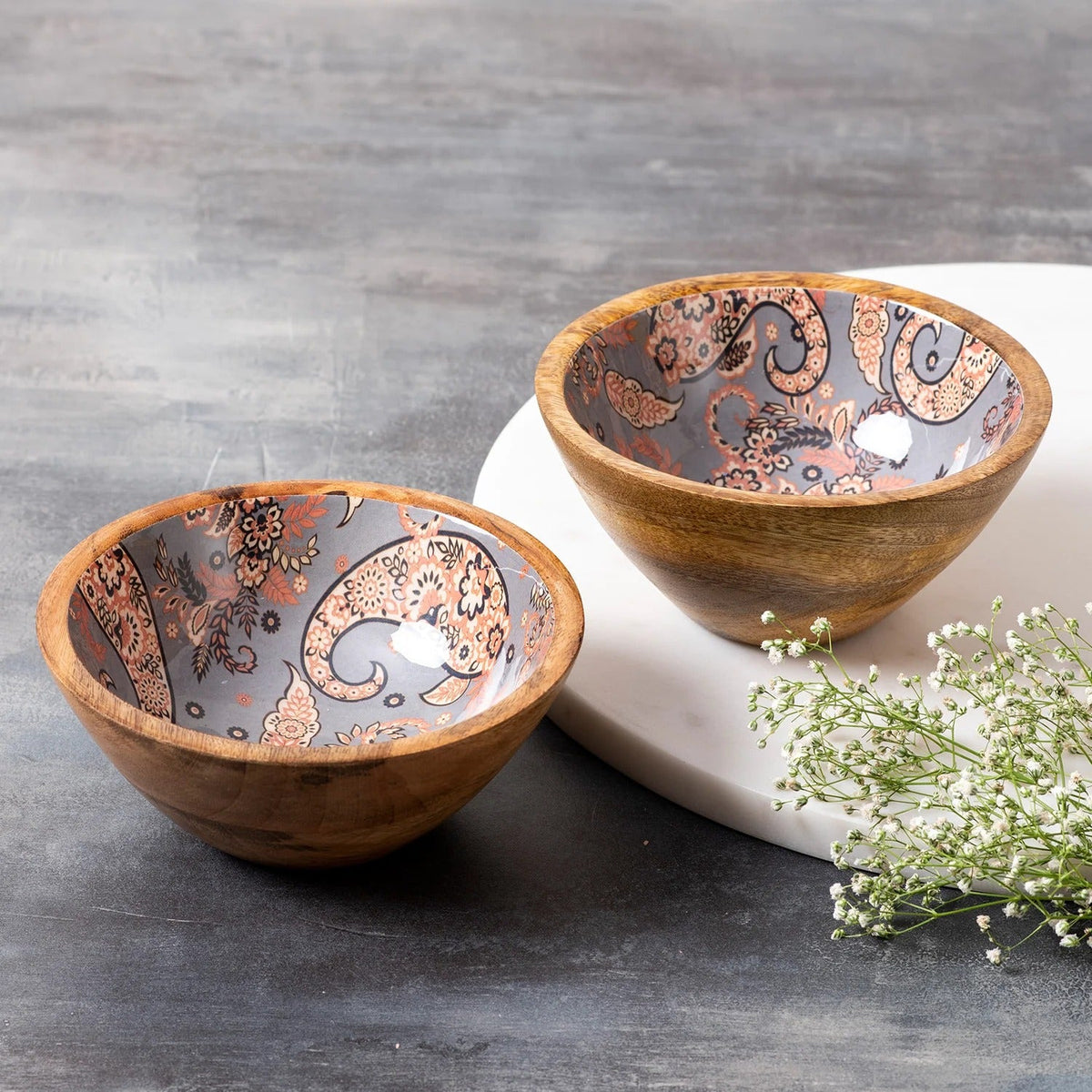 Grey Printed Mango Wood Serving Bowls Set of 2