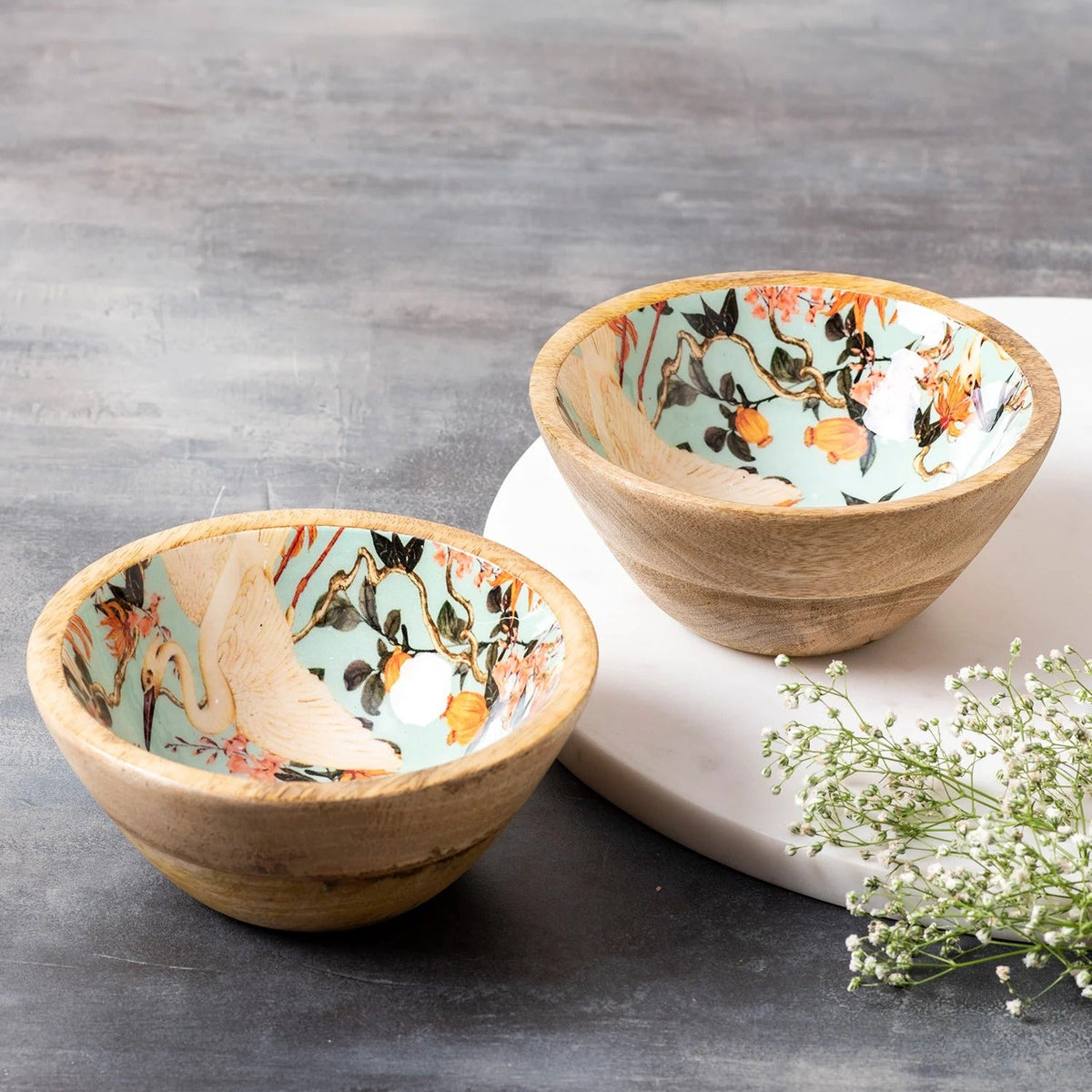 Printed Mango Wood Serving Bowls Set of 2