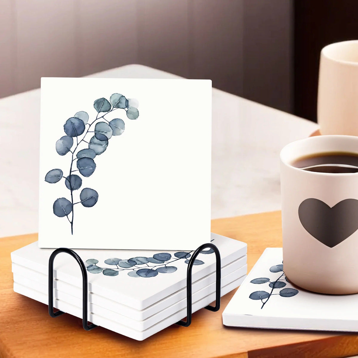 Diatomite Coasters Set of 6 with Holder 10 cm 8 mm Thick White Dining Table Absorbent
