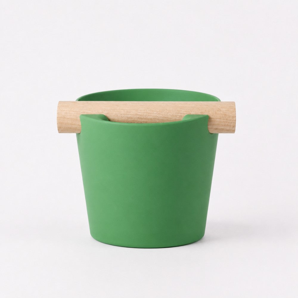 Nordic Espresso Knock Box with Oak Bar Large — 12–14 pucks Matte Grass Green