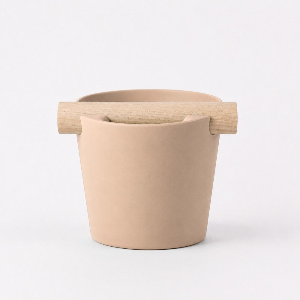 Nordic Espresso Knock Box with Oak Bar Large — 12–14 pucks Matte Latte Brown