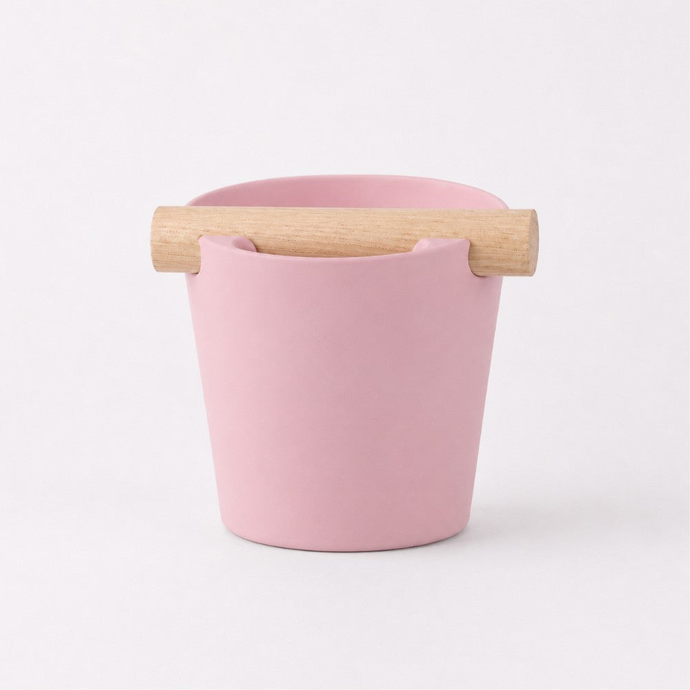 Nordic Espresso Knock Box with Oak Bar Large — 12–14 pucks Matte Sakura Pink