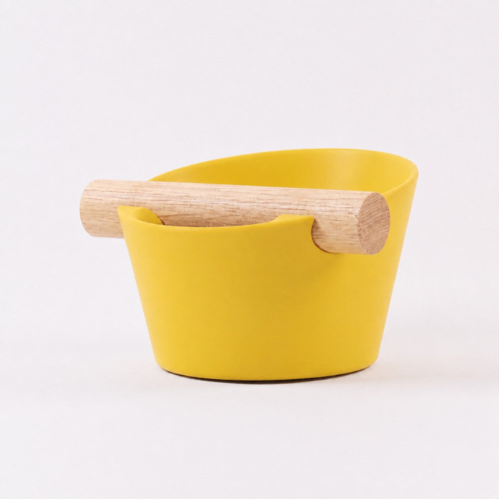Nordic Espresso Knock Box with Oak Bar Small — 5–7 pucks Matte Lemon Yellow
