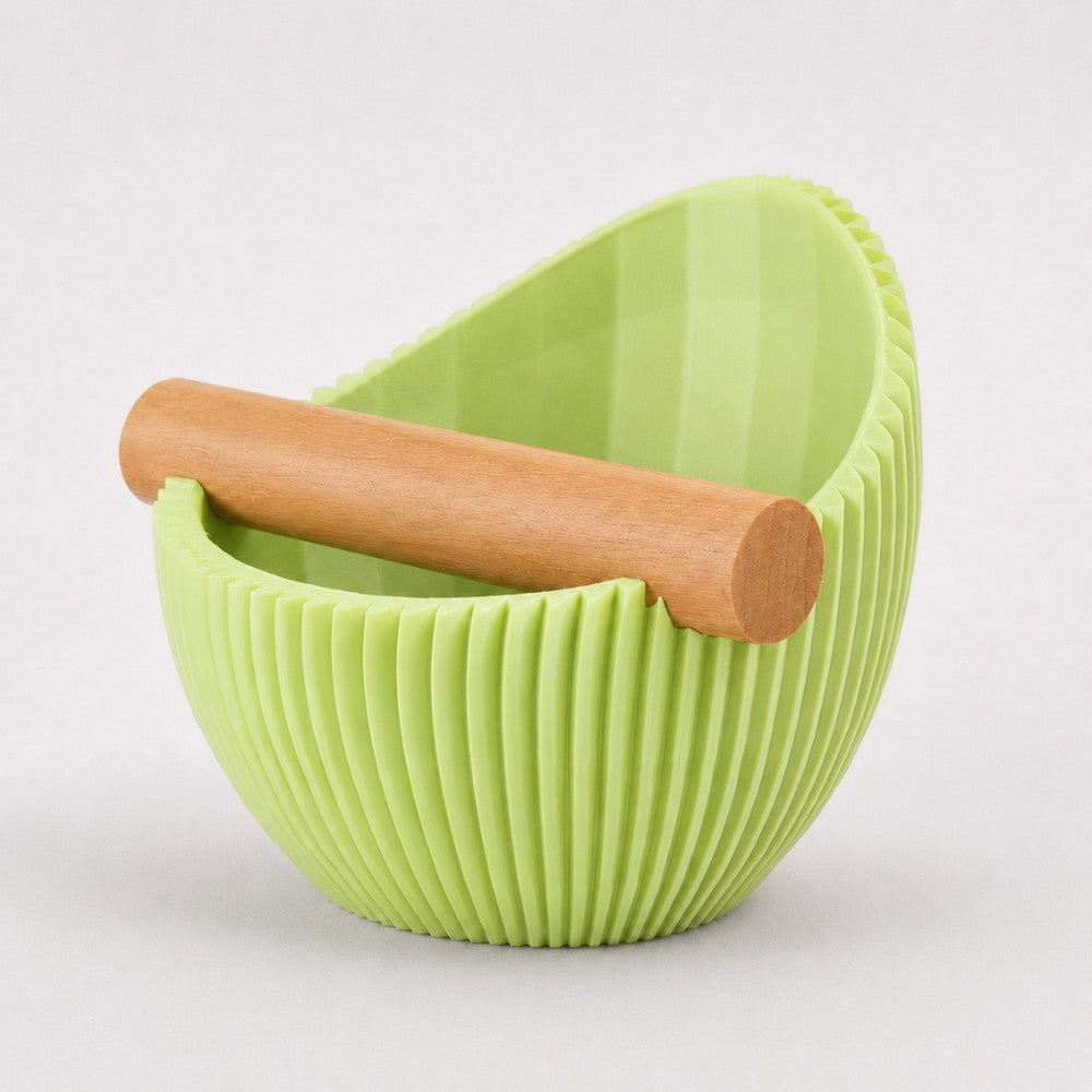 Sculptural Ribbed Espresso Knock Box with Oak Bar Matte Apple Green