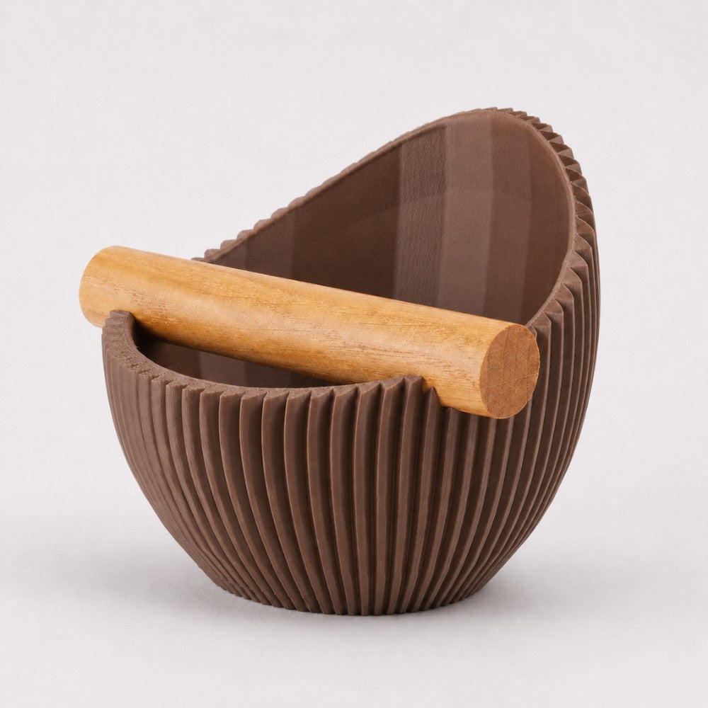 Sculptural Ribbed Espresso Knock Box with Oak Bar Matte Brown