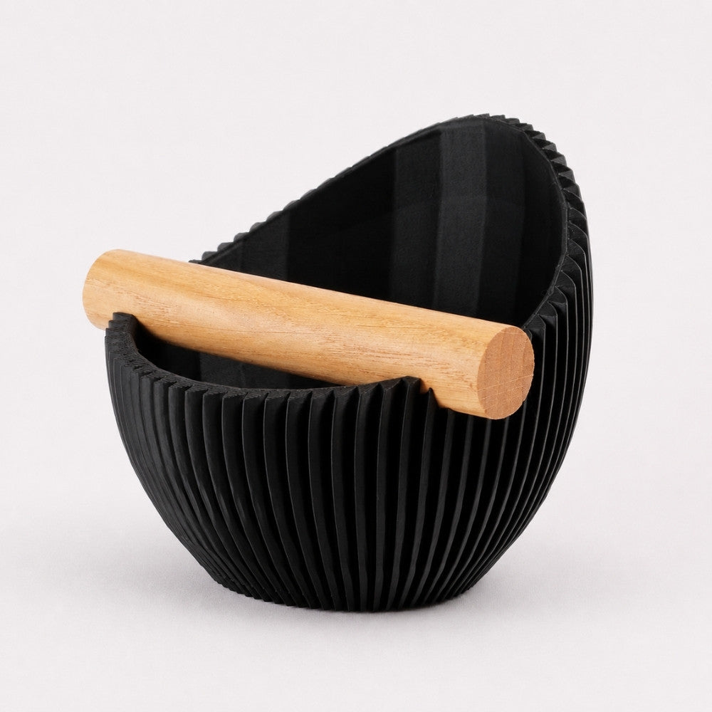 Sculptural Ribbed Espresso Knock Box with Oak Bar Matte Charcoal
