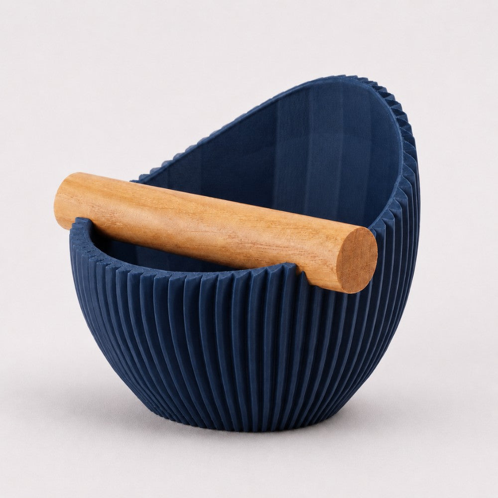 Sculptural Ribbed Espresso Knock Box with Oak Bar Matte Dark Blue
