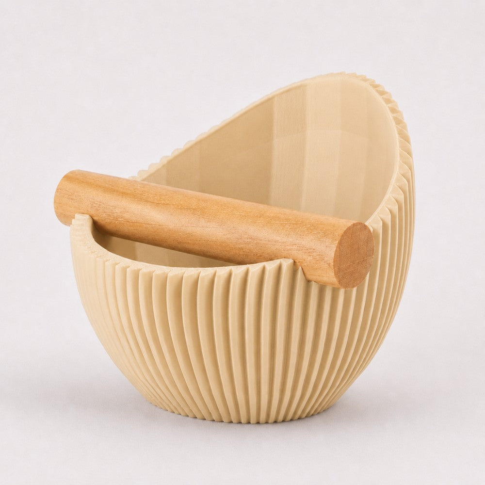 Sculptural Ribbed Espresso Knock Box with Oak Bar Matte Desert Tan
